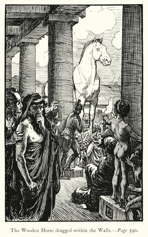 A Ilíada: O cavalo de madeira arrastado dentro das paredes (gravura) de George Percy Jacomb Hood