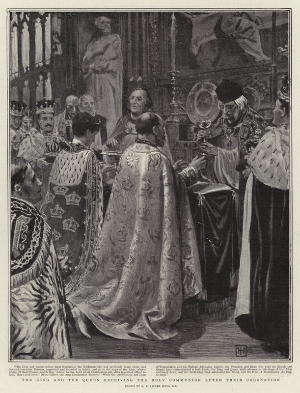 O rei e a rainha recebendo a sagrada comunhão após a sua coroação de George Percy Jacomb Hood