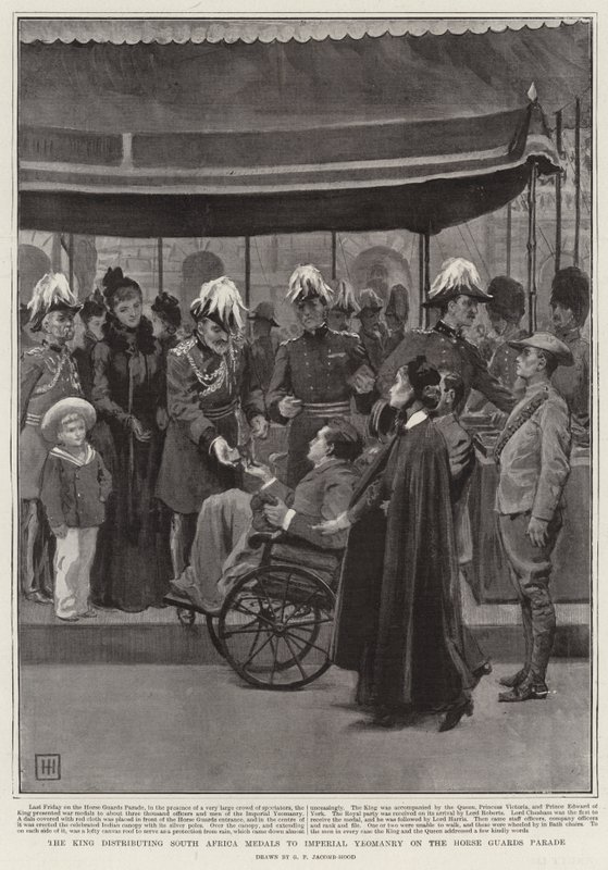 O rei que distribui as medalhas da África do Sul para a Imperial Yeomanry na Parada dos Horse Guards de George Percy Jacomb-Hood