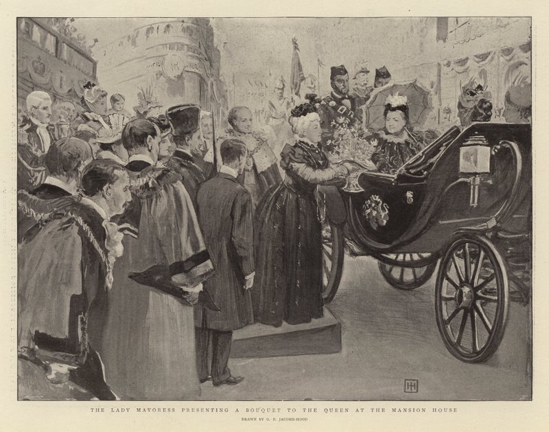 A prefeita apresentar um buquê para a rainha na mansão de George Percy Jacomb Hood