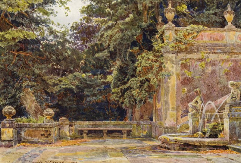 Jardins italianos: Ao pé da Cascata, Villa Corsini (litografia a cores) de George Samuel Elgood