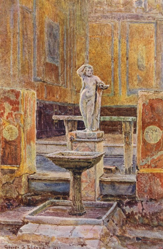 Jardins italianos: Casa da Varanda Suspensa, Pompeia (litografia a cores) de George Samuel Elgood