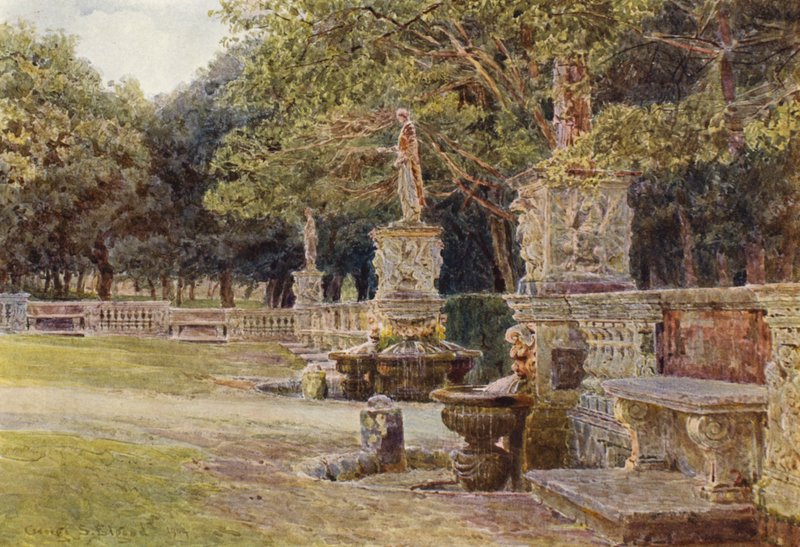 Jardins italianos: Pátio, Villa Borghese (litografia a cores) de George Samuel Elgood