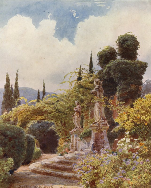 Jardins italianos: Porta de entrada, Villa Arson (litografia a cores) de George Samuel Elgood