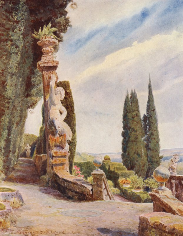 Jardins italianos: Cabeça da Grande Escada, Villa Garzoni (litografia a cores) de George Samuel Elgood
