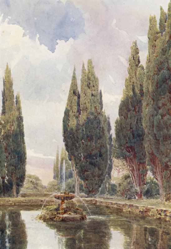Jardins italianos: Il Laghetto, Villa Falconieri (litografia a cores) de George Samuel Elgood