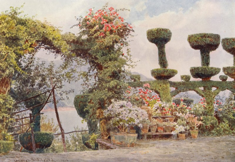 Jardins italianos: La Badia, pátio do mosteiro (litografia a cores) de George Samuel Elgood