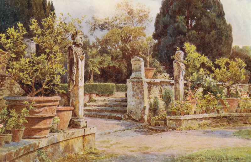 Jardins italianos: Estátuas terminais, Villa Piatti (litografia a cores) de George Samuel Elgood