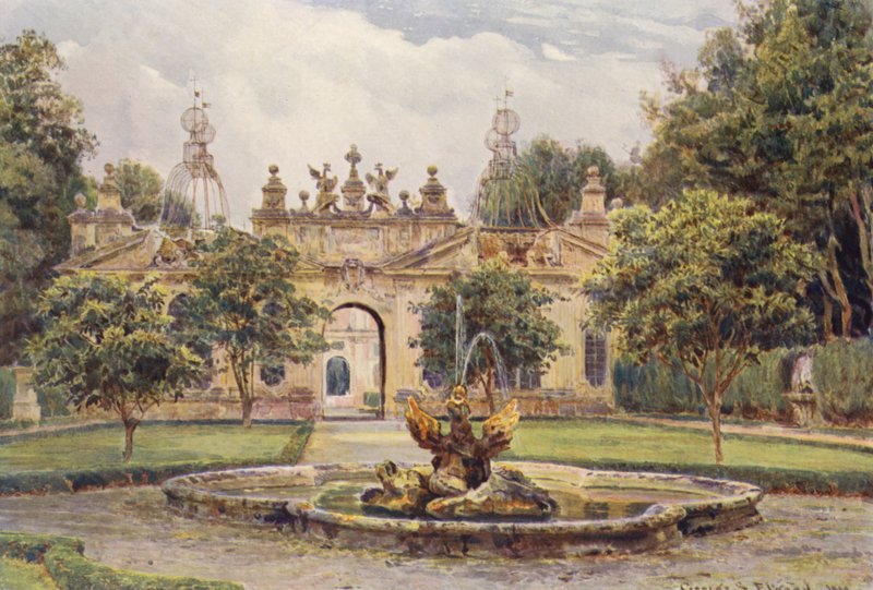 Jardins italianos: O Aviário, Villa Borghese (litografia a cores) de George Samuel Elgood