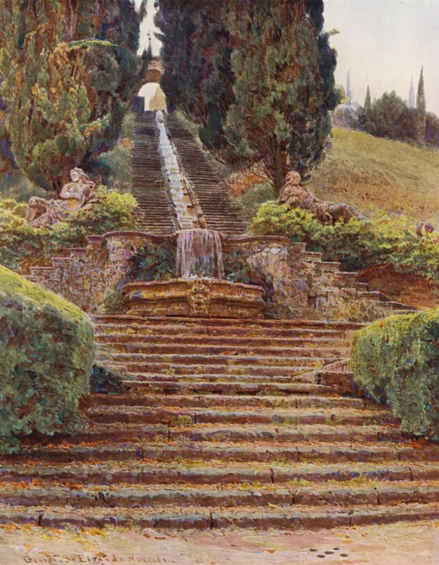 Jardins italianos: A Cascata, Villa Cicogna (litografia a cores) de George Samuel Elgood