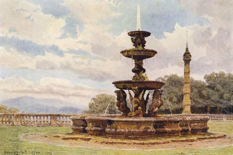 Jardins italianos: A Fonte do Dragão, Villa Mondragone (litografia a cores) de George Samuel Elgood