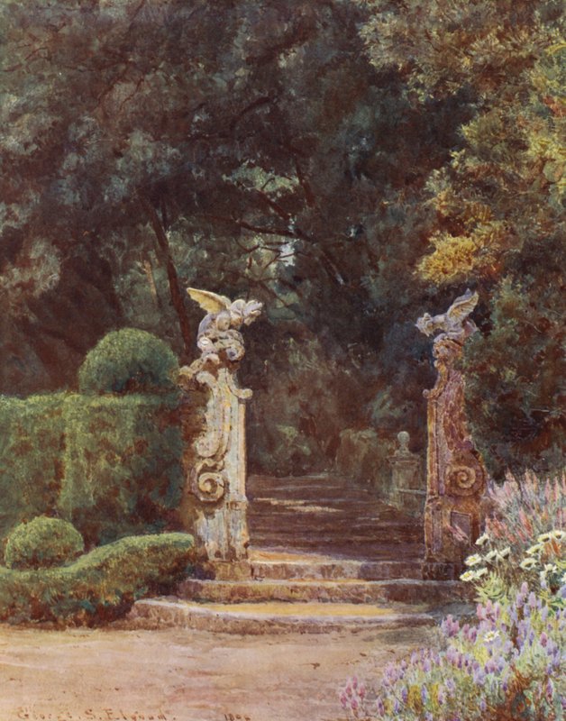 Jardins italianos: A Porta do Dragão, Villa Garzoni (litografia a cores) de George Samuel Elgood