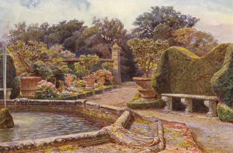 Jardins italianos: A Fonte, Villa di Caniparola (litografia a cores) de George Samuel Elgood