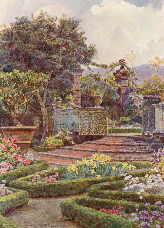 Jardins italianos: O portão do jardim, Villa di Caniparola (litografia a cores) de George Samuel Elgood
