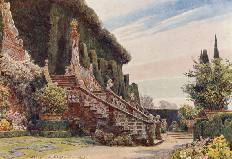 Jardins italianos: A Grande Escadaria, Villa Garzoni (litografia a cores) de George Samuel Elgood