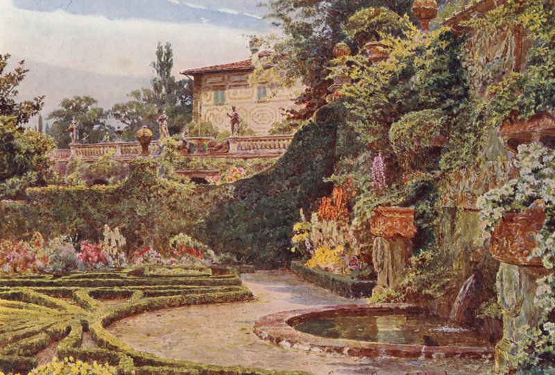 Jardins italianos: O Palazzo a partir do Parterre, Villa Palmieri (litografia a cores) de George Samuel Elgood