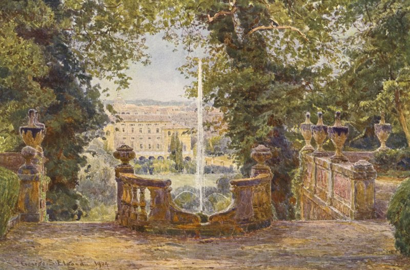 Jardins italianos: Terraço superior, Villa Corsini (litografia a cores) de George Samuel Elgood