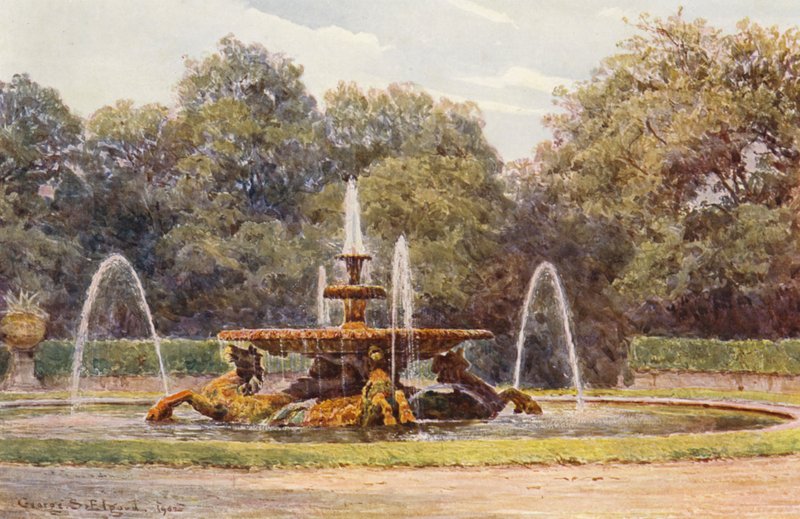 Jardins italianos: Villa Borghese, A Fonte do Cavalo Marinho (litografia a cores) de George Samuel Elgood