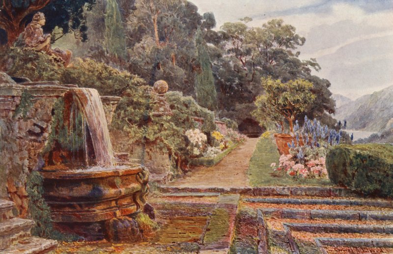 Jardins italianos: Villa Cicogna, abaixo da cascata (litografia a cores) de George Samuel Elgood