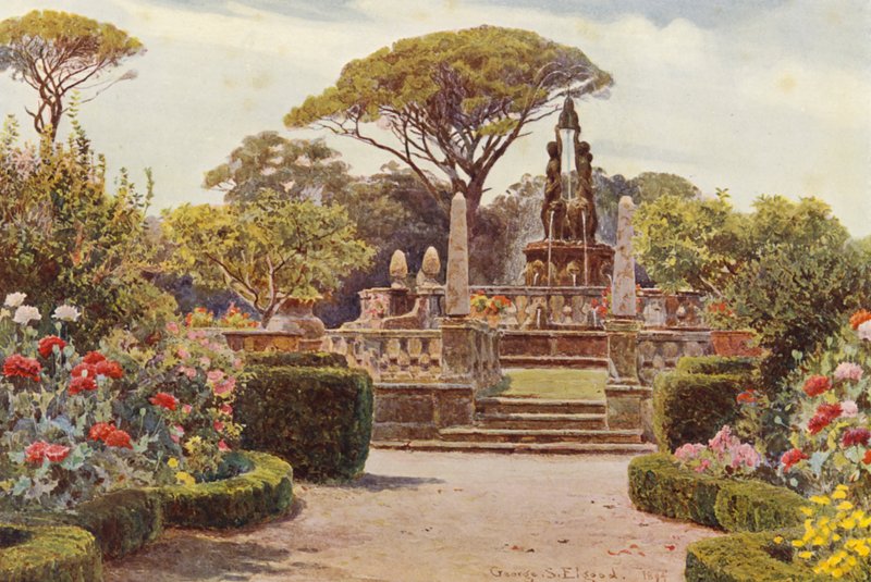 Jardins italianos: Villa Lante em Bagnaja (litografia a cores) de George Samuel Elgood