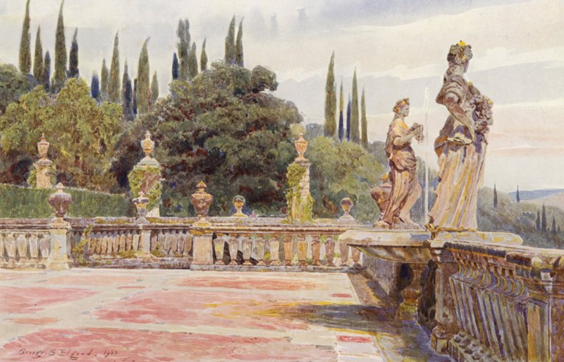 Jardins italianos: Villa Palmieri, Flora e Pomona (litografia a cores) de George Samuel Elgood