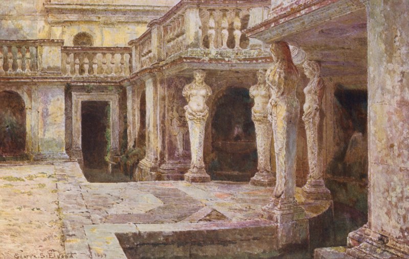 Jardins italianos: Villa di Papa Giulio (litografia a cores) de George Samuel Elgood