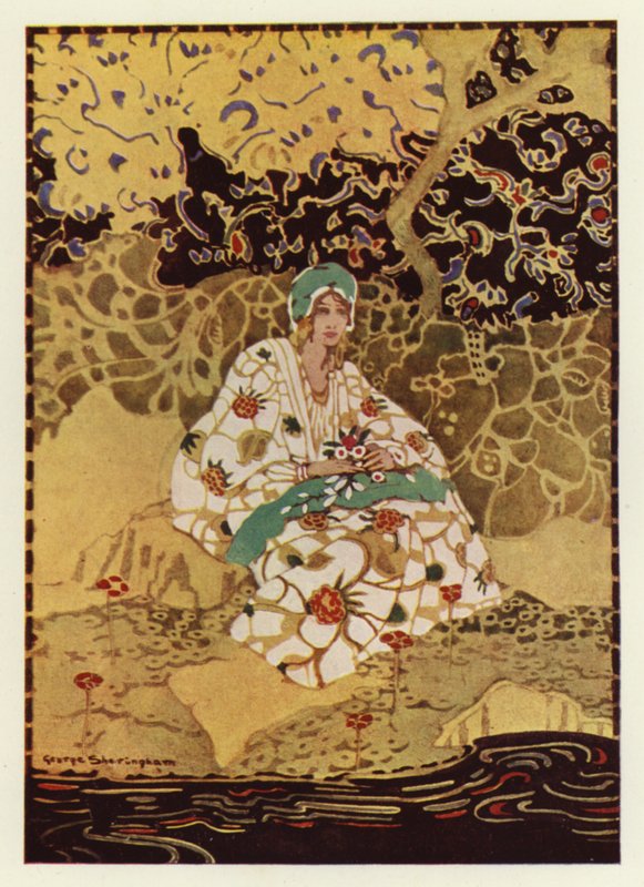 Uma menina muito bonita sentada na margem do riacho (cor litho) de George Sheringham