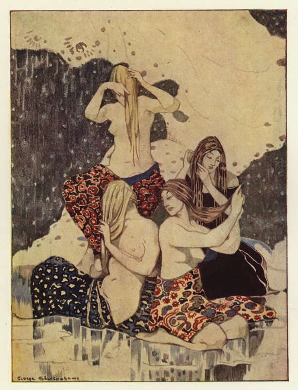 Ele viu quatro belas donzelas sentadas no gelo trançando o cabelo (cor litho) de George Sheringham