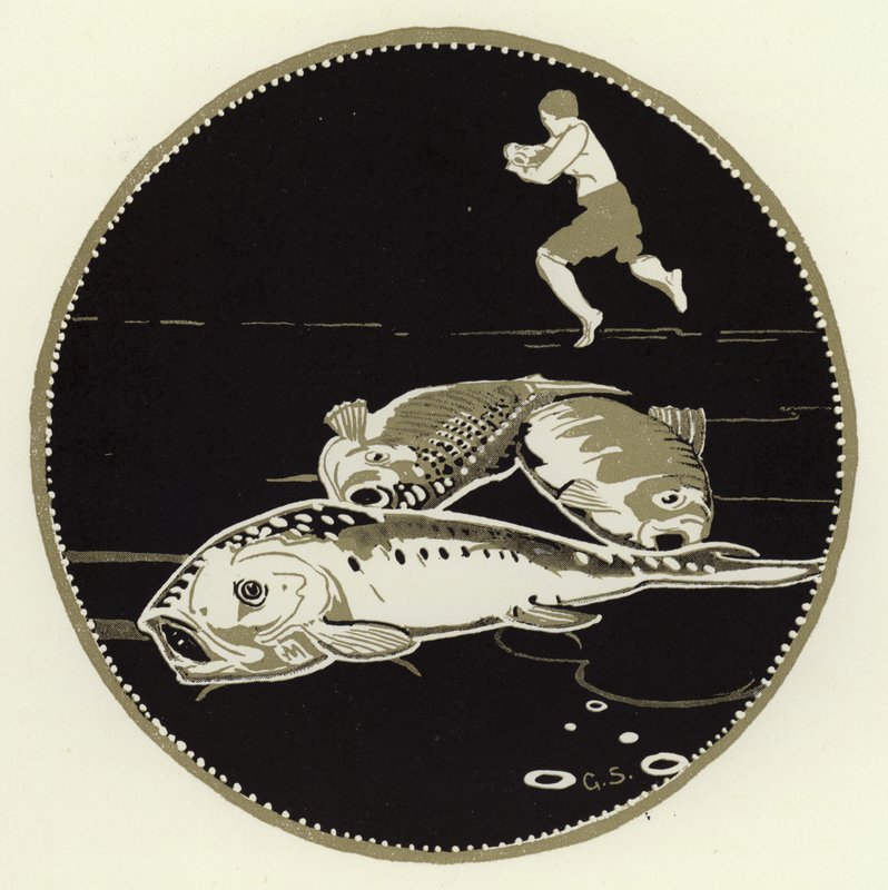 Ele viu quatro peixes grandes deitados sobre o gelo (cor litho) de George Sheringham