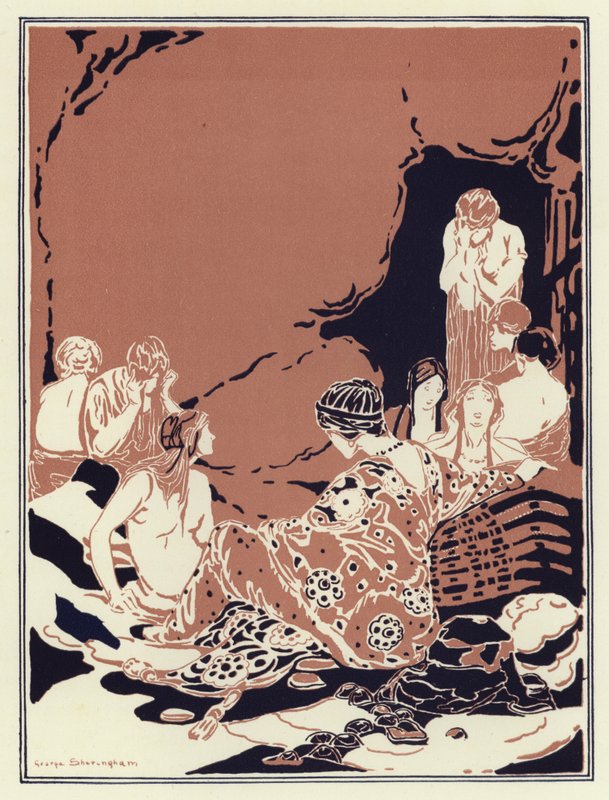 Muitas mulheres sentadas em círculo, todas tristes e chorosas (cor litho) de George Sheringham