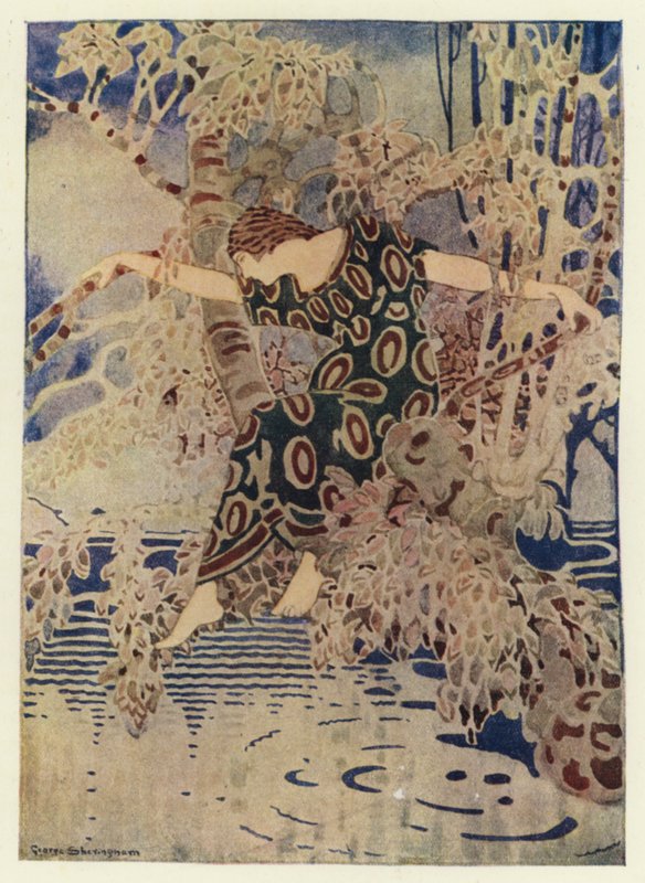 Ela subiu numa árvore que se estendia sobre a água (cor litho) de George Sheringham