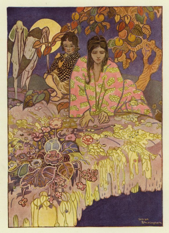 A menina olhou através do buraco, e viu a terra muito abaixo dela (cor litho) de George Sheringham