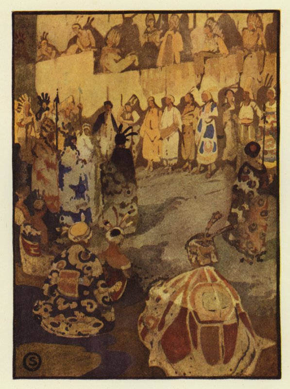 A grande tenda da corte estava cheia de gente do Glooskap para o julgamento do sol (cor litho) de George Sheringham