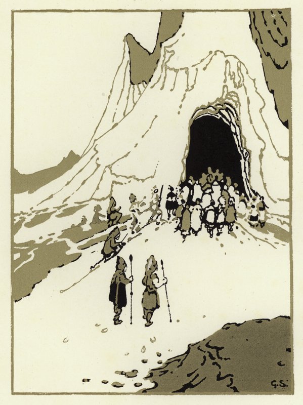 As pessoas partiram para encontrar os gigantes, logo chegaram à sua caverna (cor litho) de George Sheringham