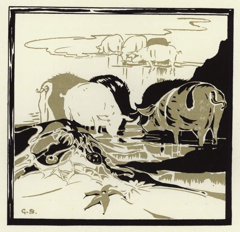 Os porcos vieram grunhindo sobre a areia (cor litho) de George Sheringham