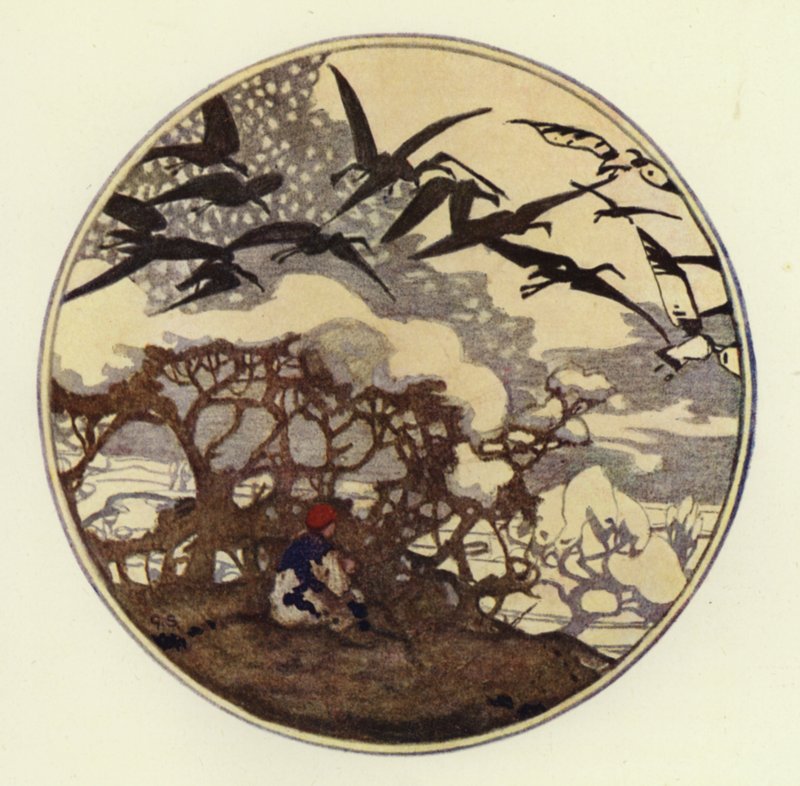 A neve estava nas profundezas da planície, e muitas aves nevadas voavam em busca de alimento (cor litho) de George Sheringham