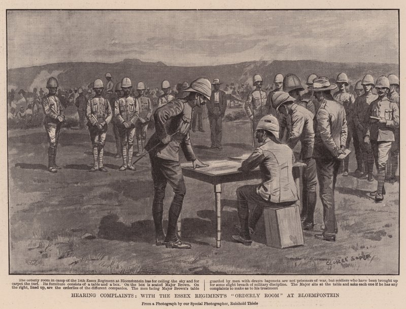 Ouvindo Reclamações, com a Sala Ordenada dos Regimentos de Essex em Bloemfontein de George Soper