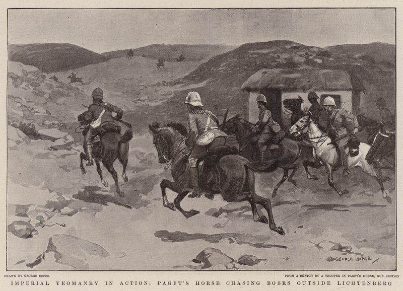 Yeomanry imperial em ação, cavalo de Paget perseguindo Boers fora de Lichtenberg de George Soper