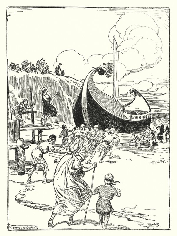 Jason e os Argonautas: "O bom navio Argo saltou da areia sobre os rolos, e mergulhou para a frente como um cavalo galante" (litho) de George Soper