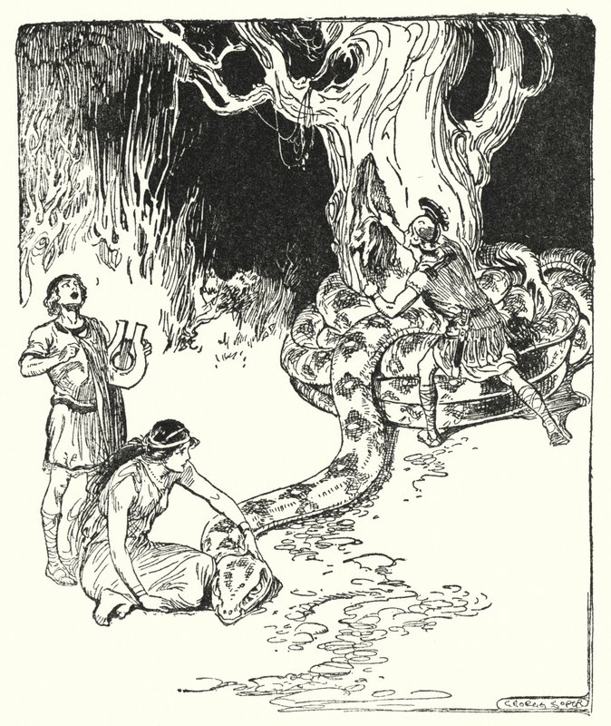 Jason e os Argonautas: "Então Jason saltou com cuidado e arrancou o velo do tronco da árvore" (litho) de George Soper