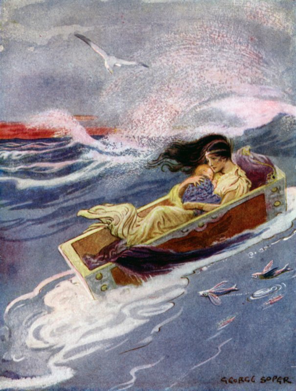 Perseu: "E longe e fora para o mar flutuou a mãe e o seu bebé" (cor litho) de George Soper