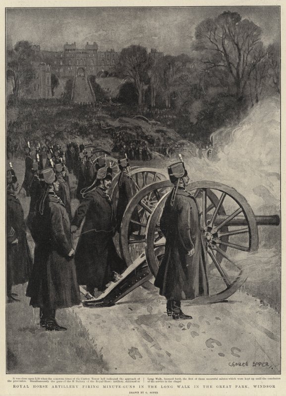 Royal Horse artilharia disparando Minute-Guns na longa caminhada no grande parque, Windsor de George Soper