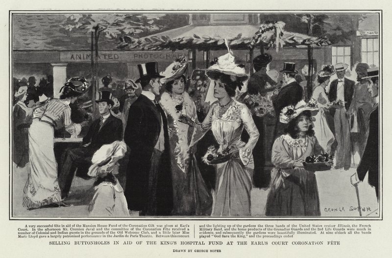 Venda de casas de botão na ajuda do King&39;s Hospital Fund no Earl&39;s Court Coronation Fete de George Soper