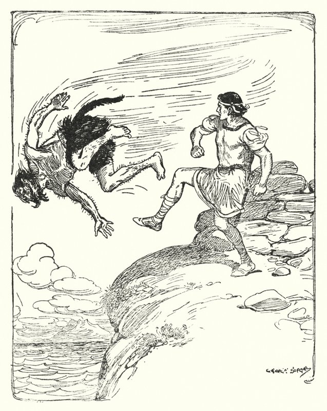 Estes: "Ele chutou-o sobre o penhasco para o mar" (litho) de George Soper