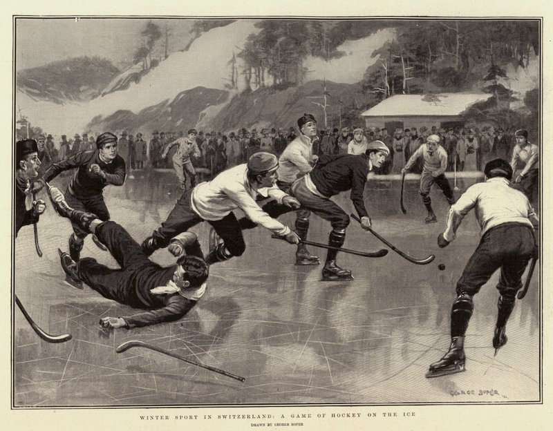 Esporte de inverno na Suíça, um jogo de hóquei no gelo de George Soper