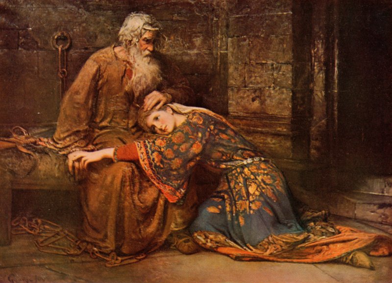 Shakespeare: Cordelia confortando Rei Lear na Prisão, Rei Lear, Ato V, Cena 3 (lito colorido) de George William (after) Joy