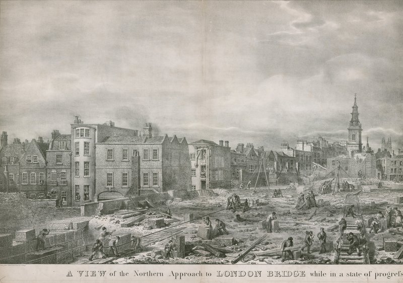 Uma visão da abordagem norte da Ponte de Londres, enquanto em estado de progresso de George the Elder Scharf