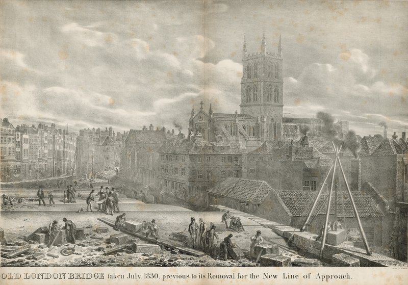 Old London Bridge tomada julho de 1830, anterior à sua remoção para a nova linha de abordagem de George the Elder Scharf