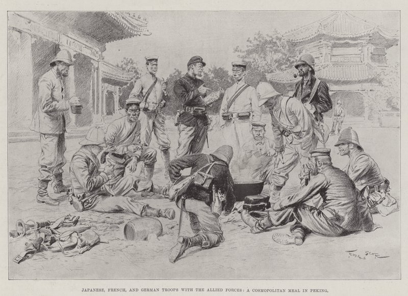 Tropas japonesas, francesas e alemãs com as Forças Aliadas, uma refeição cosmopolita em Pequim de Georges Bertin Scott