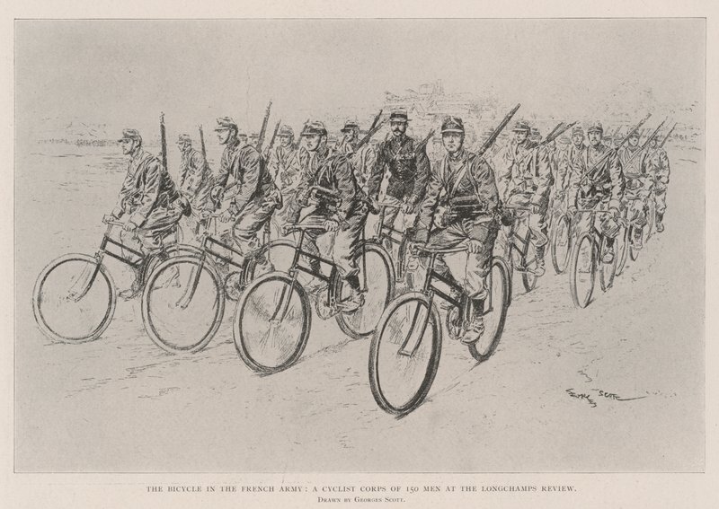 A bicicleta no exército francês, um corpo de ciclistas de 150 homens no Longchamps Review de Georges Bertin Scott